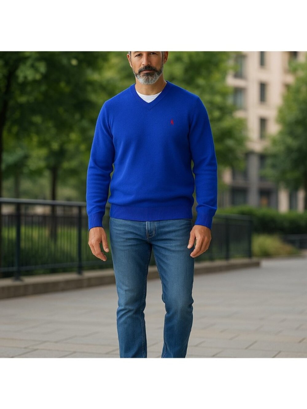 Polo Ralph Lauren Mens XL Blue Lambswool V-Neck Sweater With Red Logo